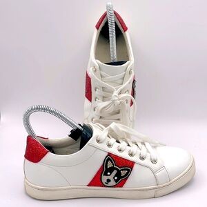 Aldo Women's Size 7.5 White & Red Glitter Sneakers with Frenchie Bulldog Emblem